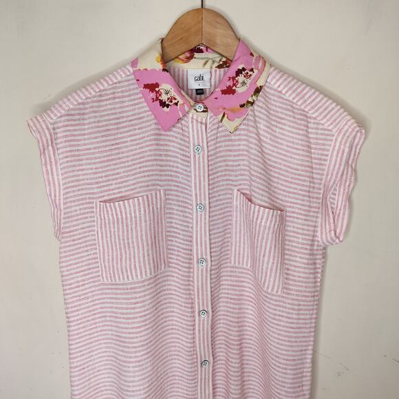 Cabi 6512 Merger Top Pink Stripe Floral Collar Button Up - Picture 3 of 11